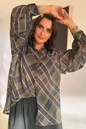 Ainsley Plaid Chiffon Blouse Khaki